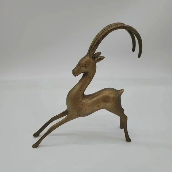 Vintage Brass Gazelle Antelope Impala Deer Statue curved Antlers Self Standing - Picture 1 of 11